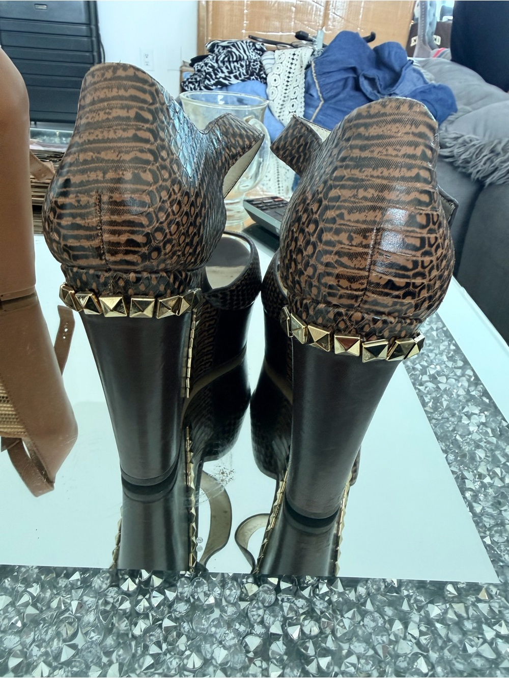 Michael Kors Brown Snake-Print Studded Wedge Sandals - Picture 4 of 4
